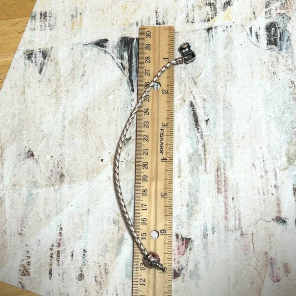 Pandora Sterling Silver Braided Leather Bracelet With Floral Pink Enamel Charm - Picture 15 of 16